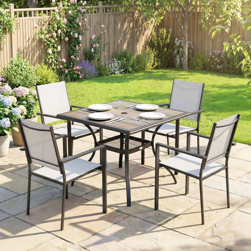 5 Piece Outdoor Patio Dining Set, Dining Table and 4 Stackable Chairs with Umbrella Hole, Shelf