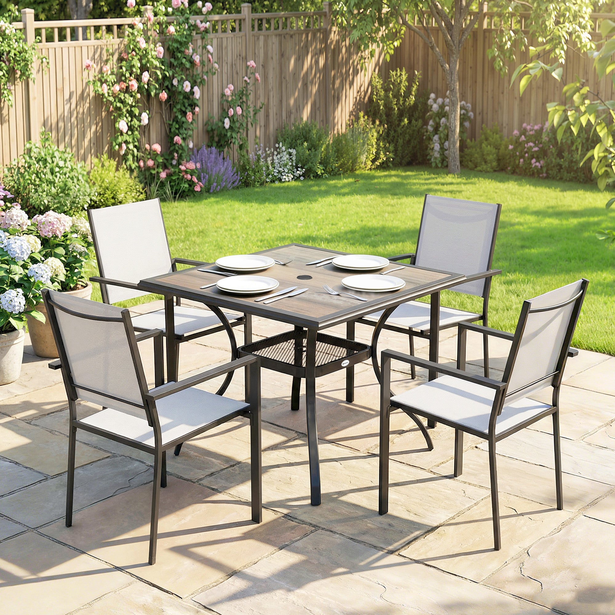 5 Piece Outdoor Patio Dining Set, Dining Table and 4 Stackable Chairs with Umbrella Hole, Shelf
