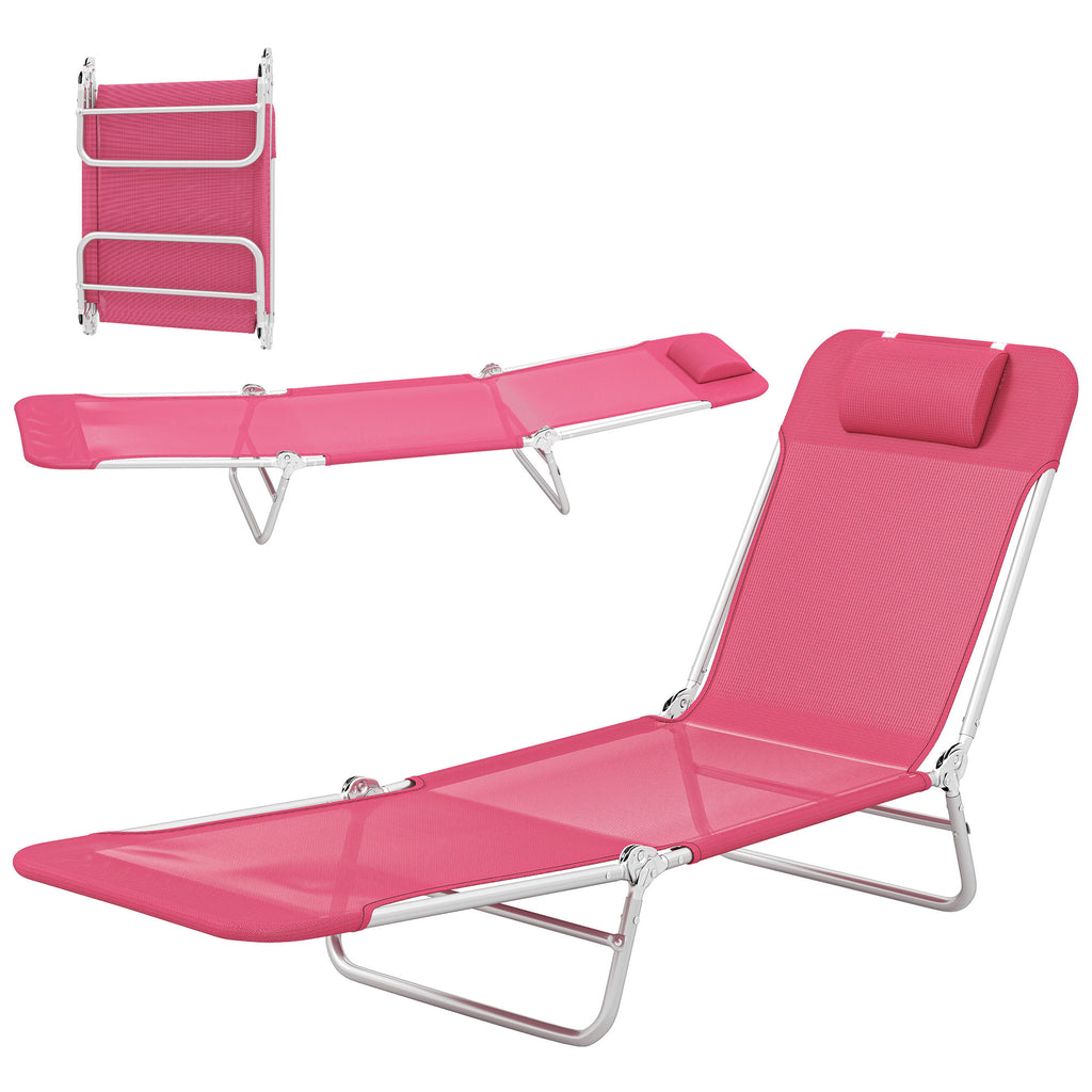 Folding Lounge Chair, Portable Tanning Chair with Adjustable Backrest, Pillow for Beach Poolside Patio, Pink