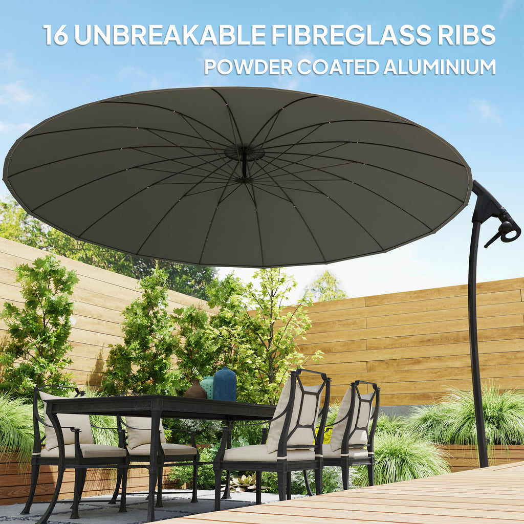 9FT Cantilever Umbrella with 16 Fibreglass Ribs, Offset Hanging Umbrella, Patio Umbrella with Crank and Cross Base, Grey