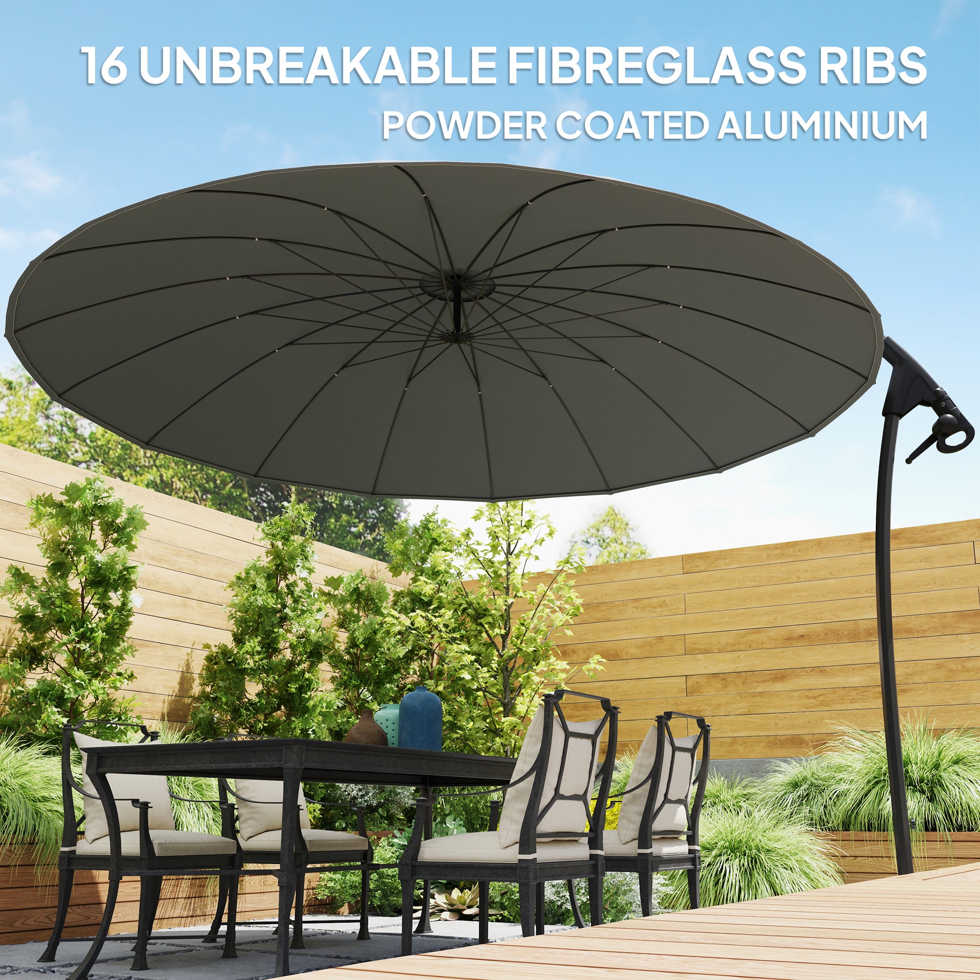 9FT Cantilever Umbrella with 16 Fibreglass Ribs, Offset Hanging Umbrella, Patio Umbrella with Crank and Cross Base, Grey