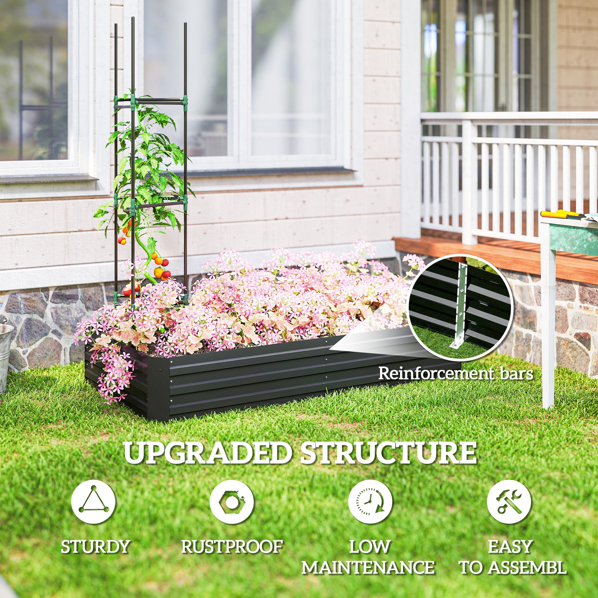 6' x 3' x 1' Raised Garden Bed with 2 Trellis Tomato Cages, Steel Frame Elevated Planter Box, Black