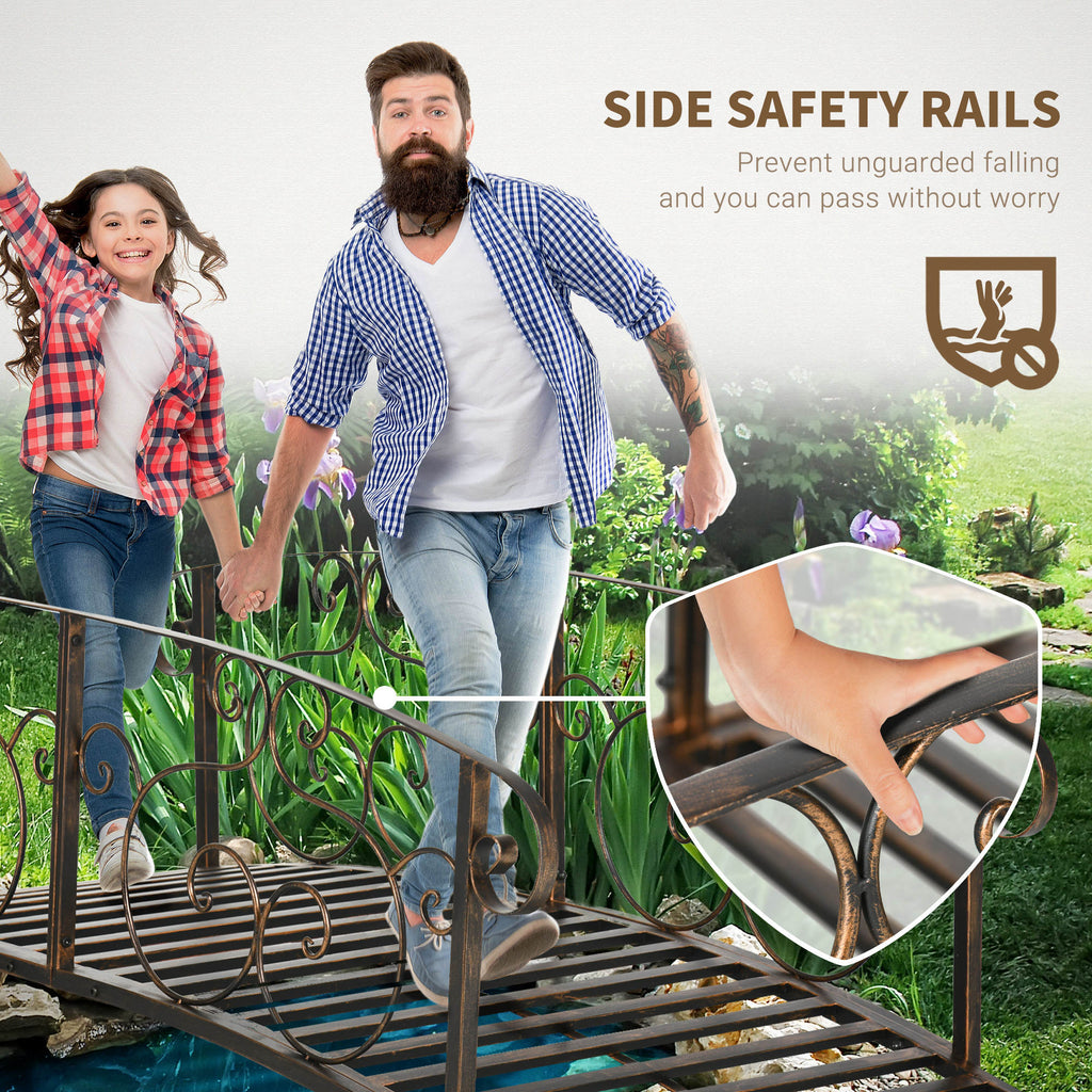 6FT Steel Garden Bridge with Safety Siderails, Decorative Arc Landscaping Bridge for Backyard Creek Stream Pond, Brown