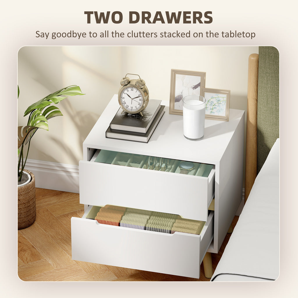Nightstands Set of 2, Bedside Table with 2 Drawers, Modern Side End Table with Solid  Wood Legs for Bedroom, White