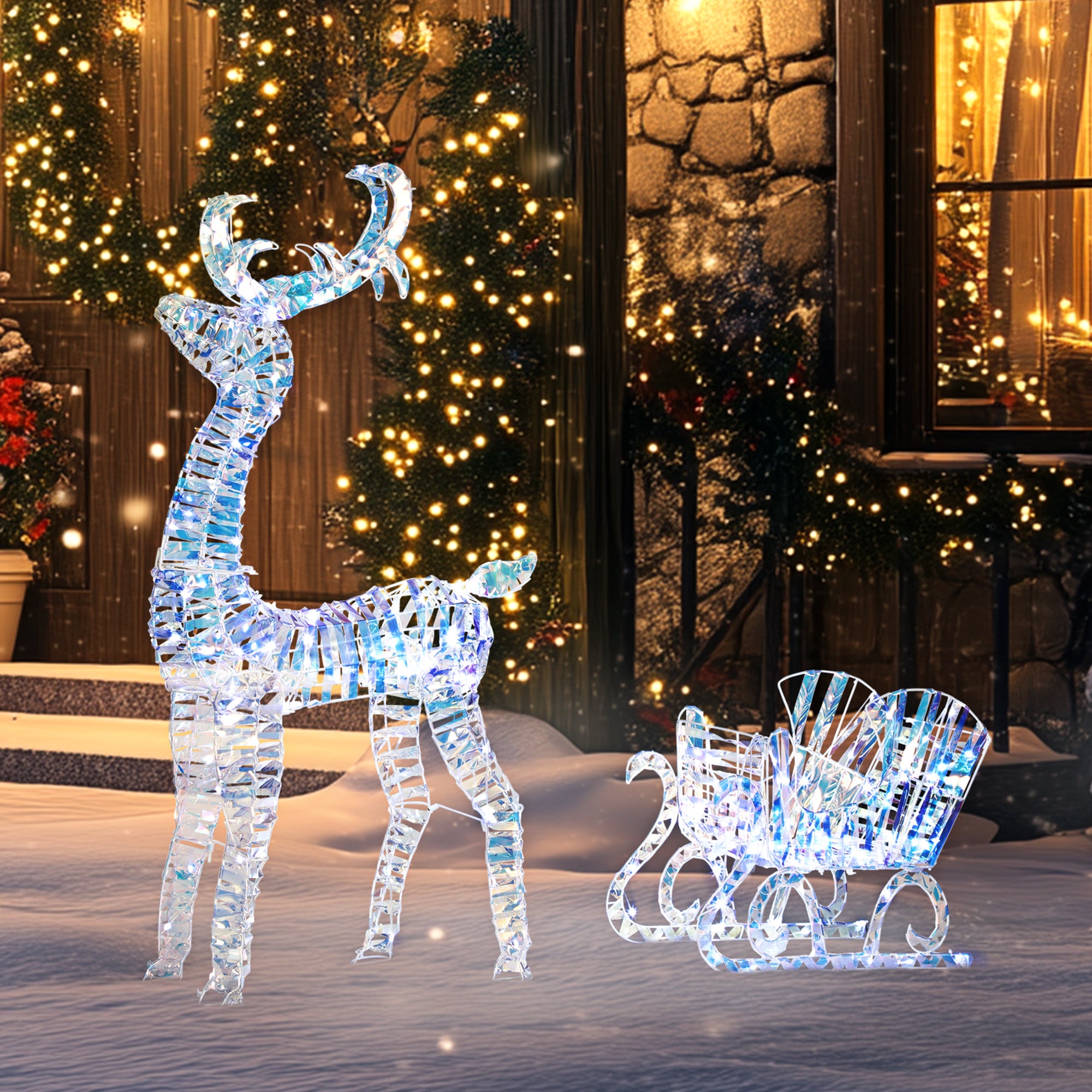 Lighted Christmas Reindeer with Sleigh, Outdoor Reindeer with 170 LED Lights and Stakes, Holiday Decor, Silver