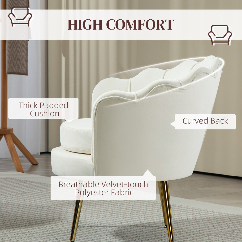 Modern Accent Chair, Velvet-Touch Fabric Leisure Club Chair with Gold Metal Legs for Bedroom, Cream White