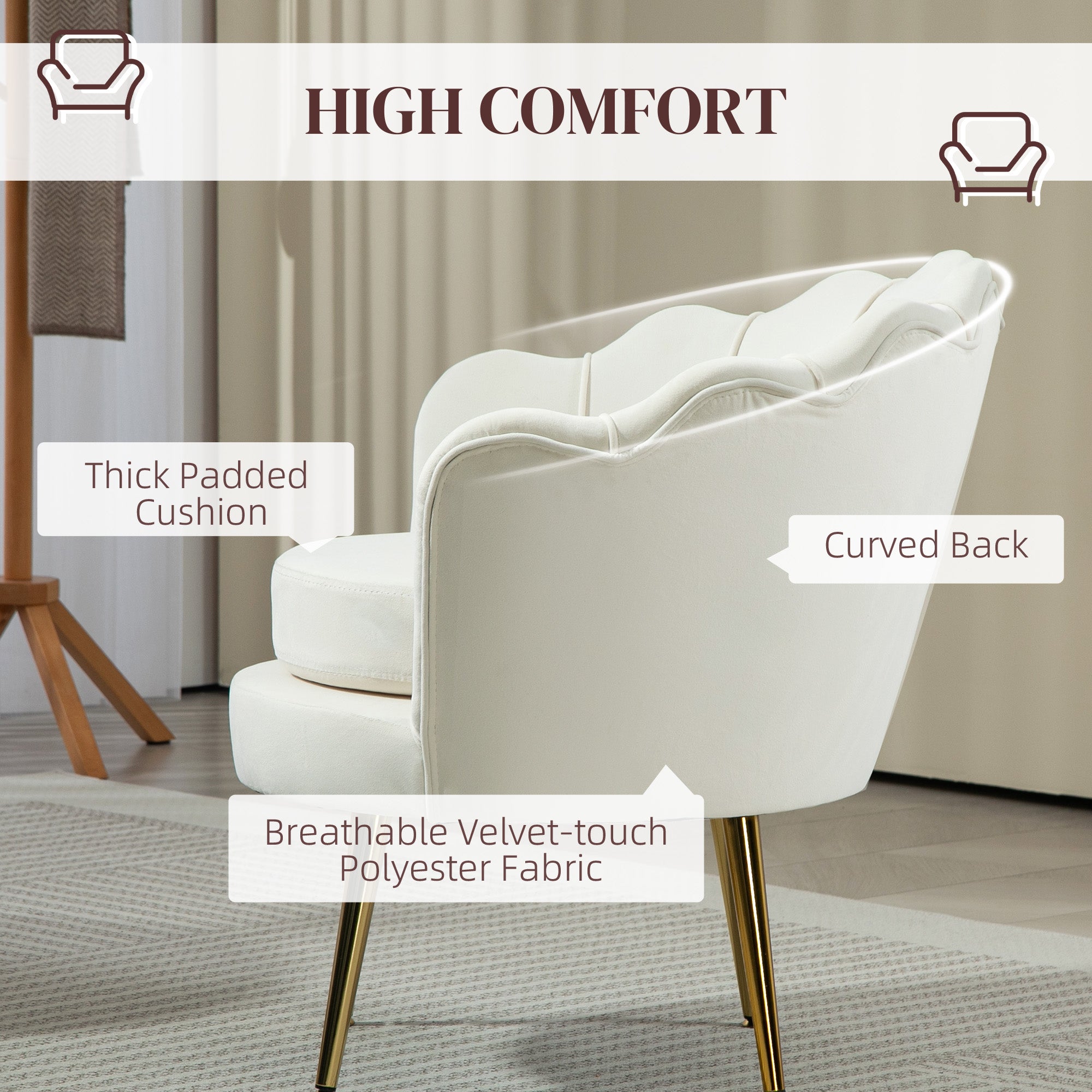 Modern Accent Chair, Velvet-Touch Fabric Leisure Club Chair with Gold Metal Legs for Bedroom, Cream White