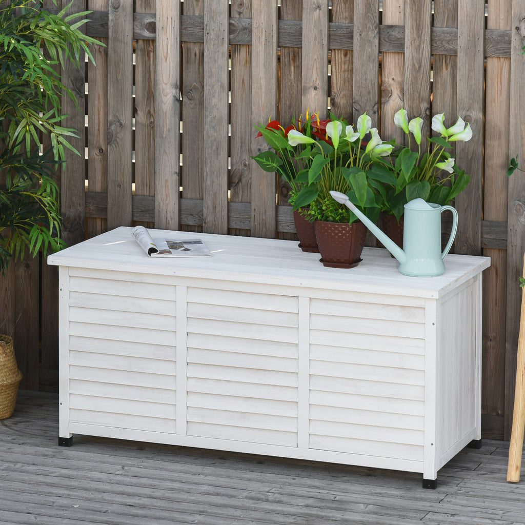 75 Gallon Wooden Storage Box patio Deck Box Bench, Garden Backyard Outdoor Storage Container with Aerating Gap & Weather-Fighting Finish, White