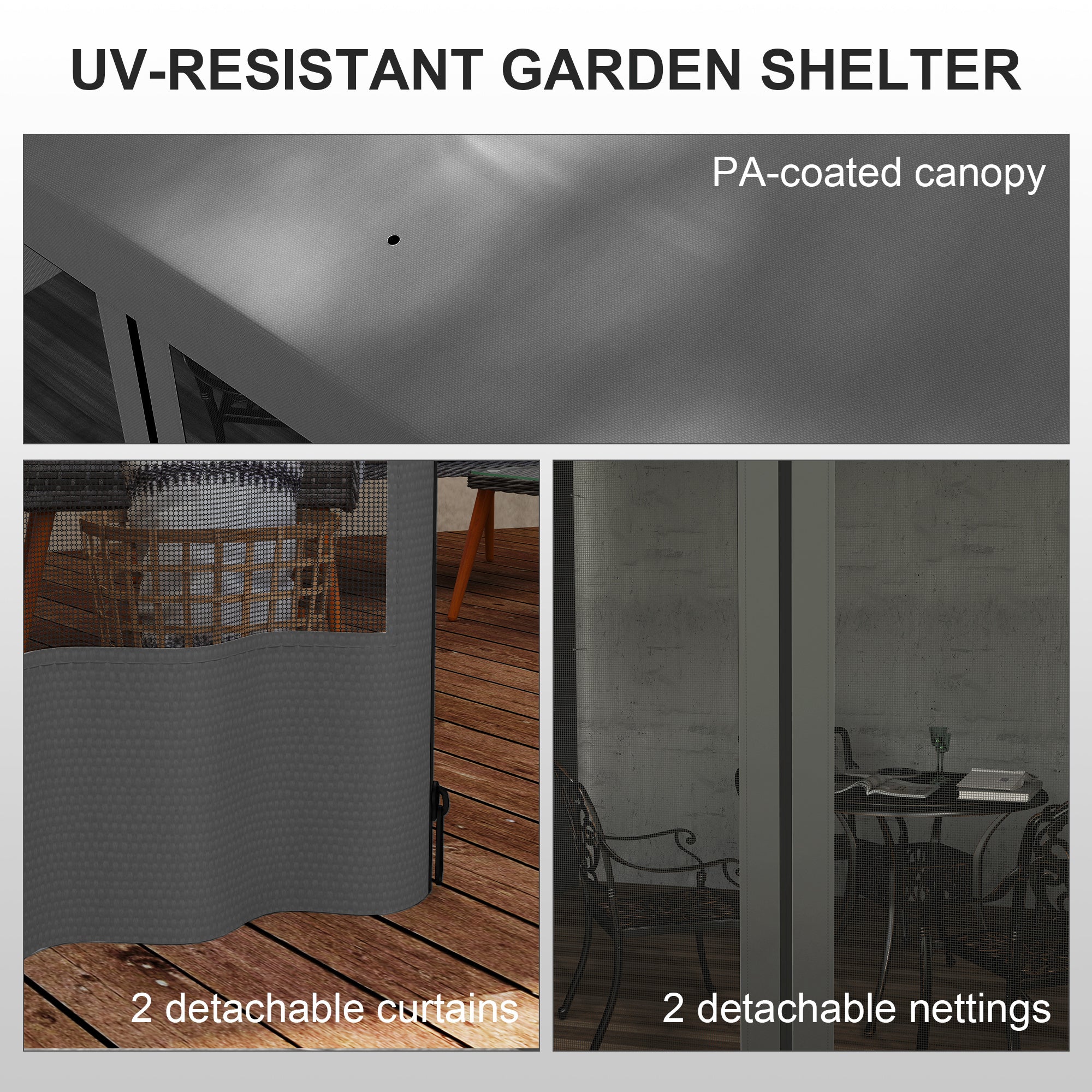 10' x 10' Wall Pergola with 2 Curtains and 2 Nettings UV Resistant Gazebo for Patio, Deck, Dark Grey