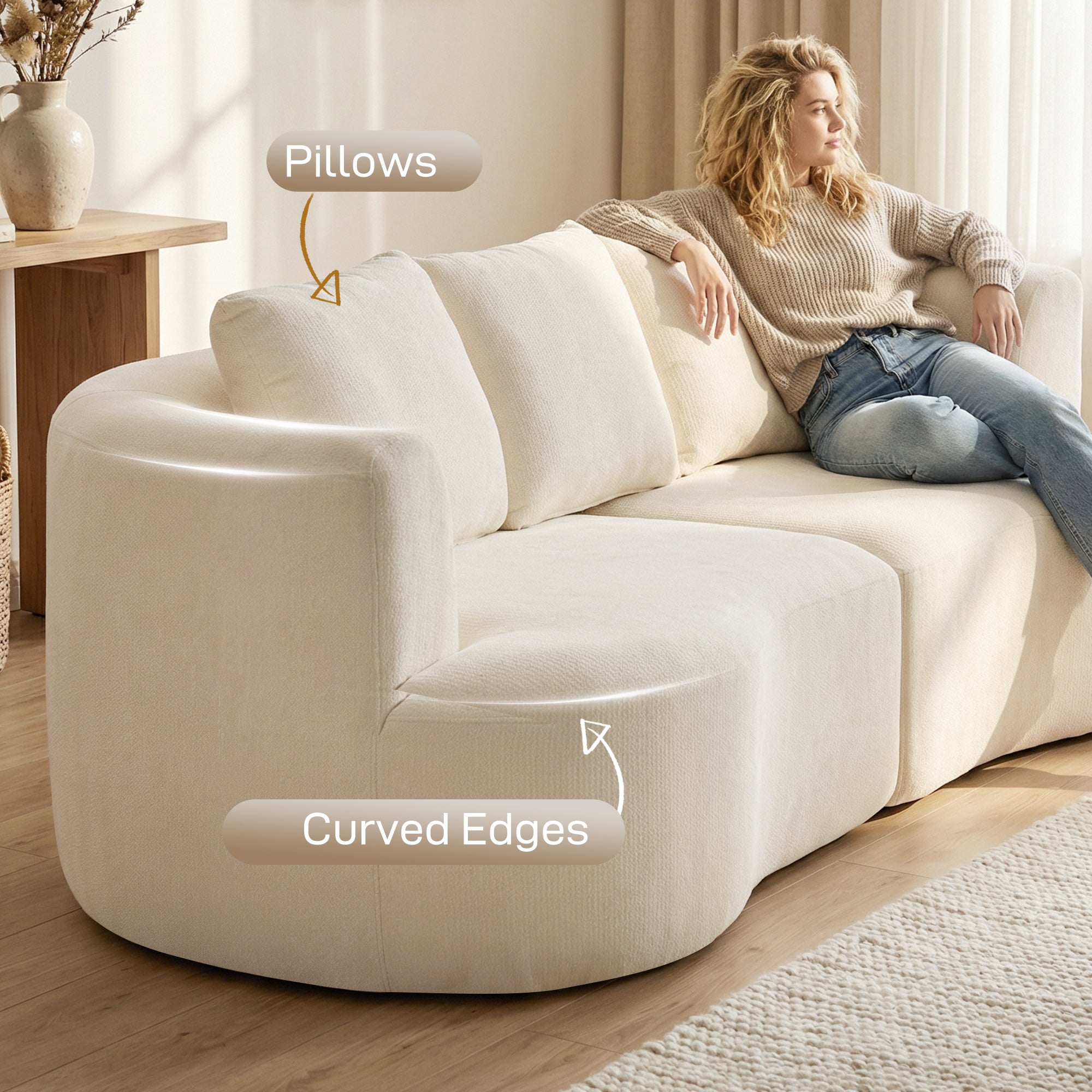 3 Seater Sofa, 102" Chenille Boneless Couch with Wide Seat, Spring Cushions, High-Density Foam, 3 Pillows, Cream White