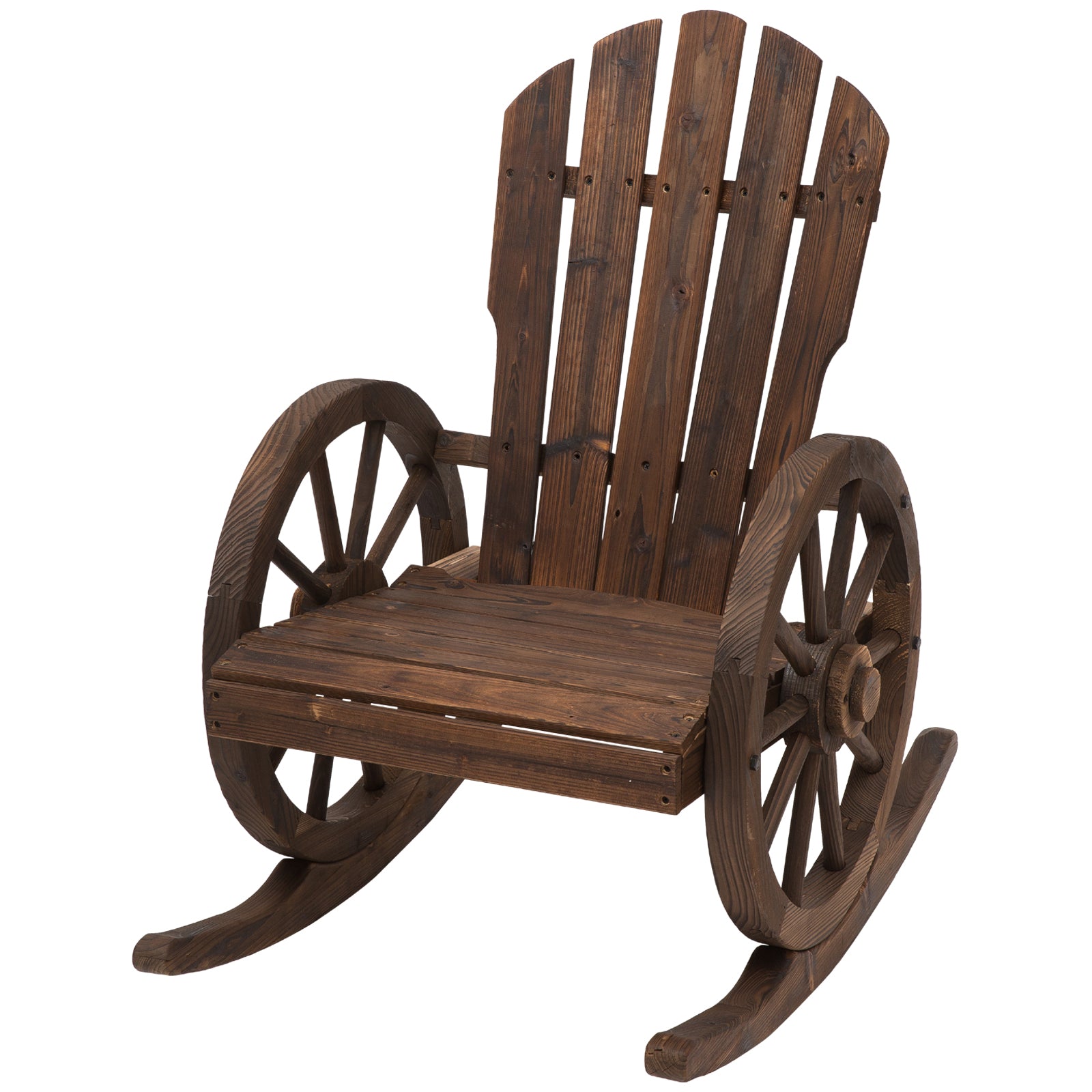 Patio Wooden Rocking Chair, Wagon Outdoor Rocker Chair with Slatted Design and Wheel Armrests for Garden, Carbonized