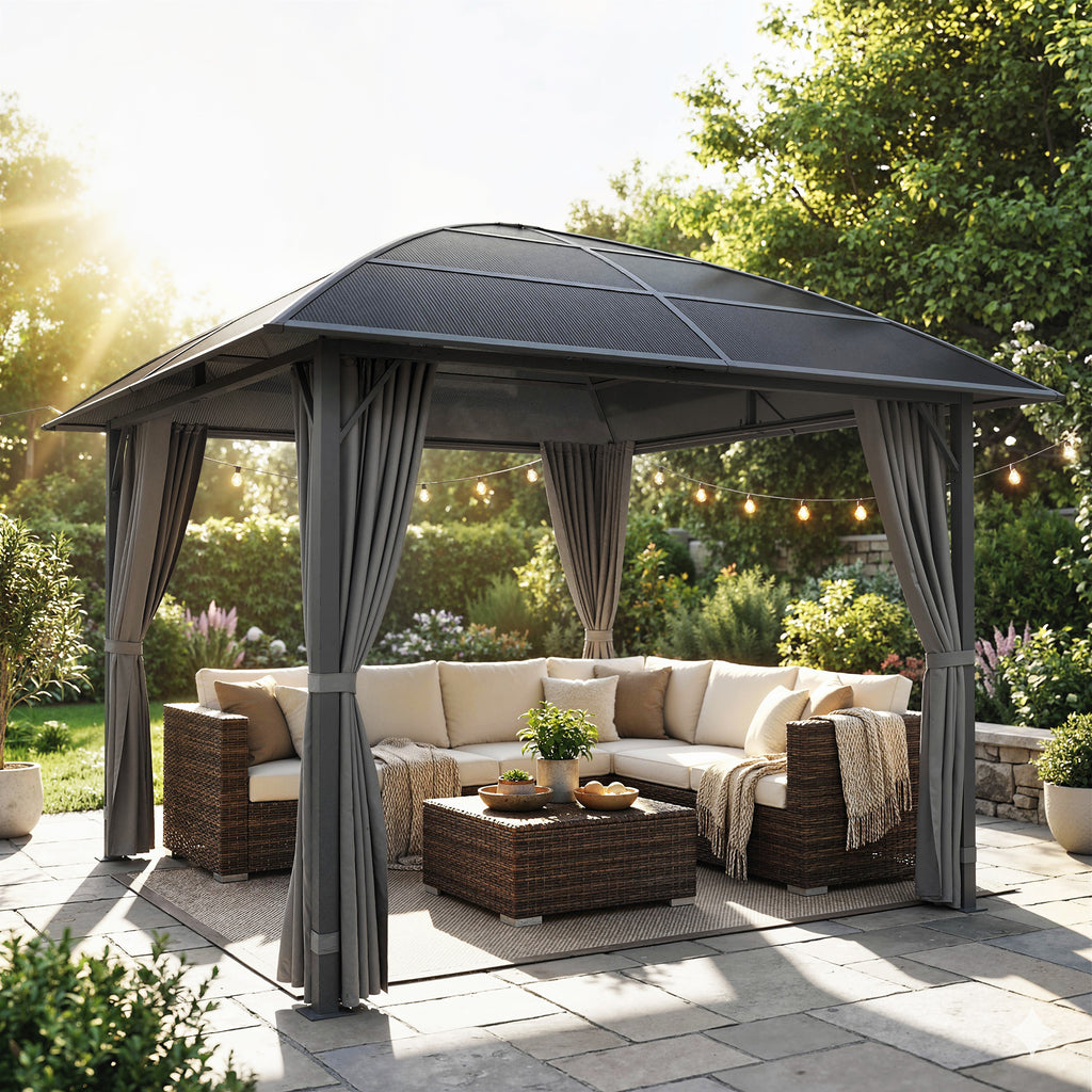 10' x 10' Outdoor Hardtop Gazebo Canopy withÂ UV60+ Polycarbonate Roof, Steel Frame, Central Hook,Â Curtains, Light Grey