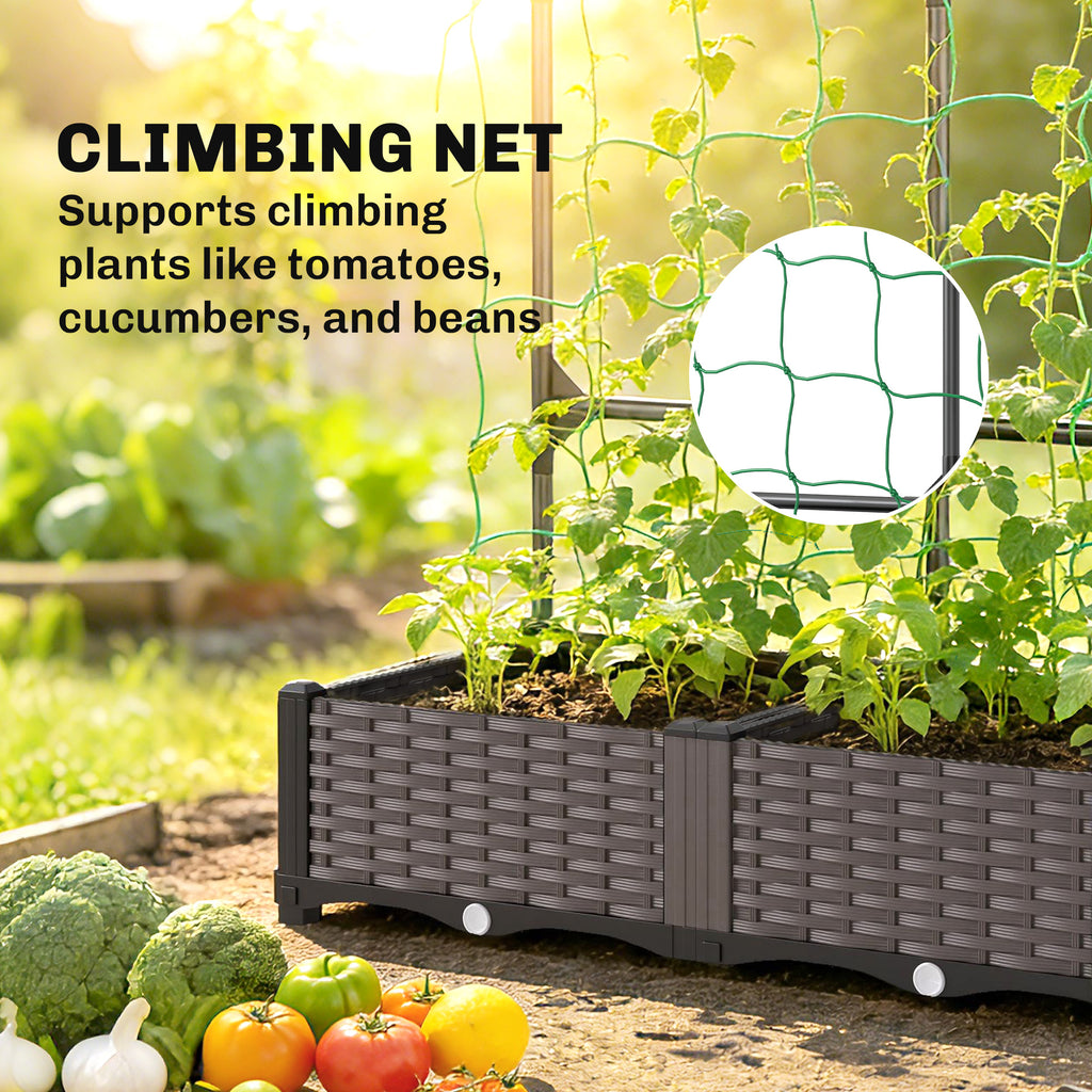 2PCS Plastic Planter Box with Trellis, Self-Watering Raised Garden Bed with Trellis and Netting