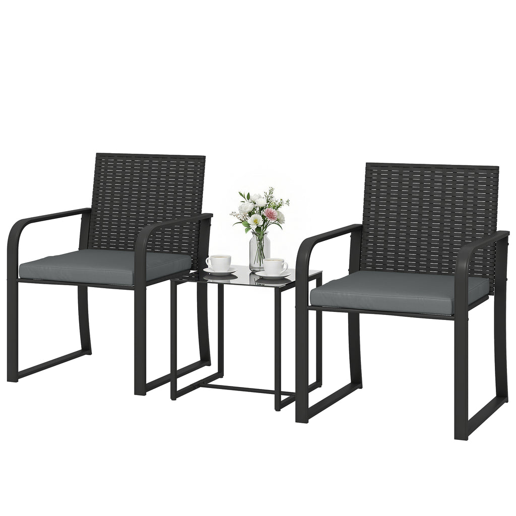 Outdoor Bistro Set, 3 Piece Wicker Patio Furniture with Mesh Seat, Glass Table, Cushions for Porch, Balcony, Grey