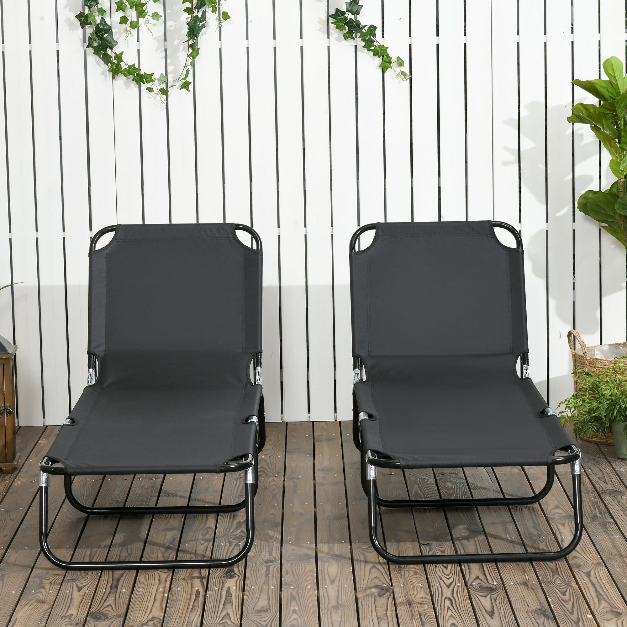 Set of 2 Folding Outdoor Lounge Chair, Sun Tanning Chairs with Reclining Back, Breathable Mesh for Beach Patio, Black