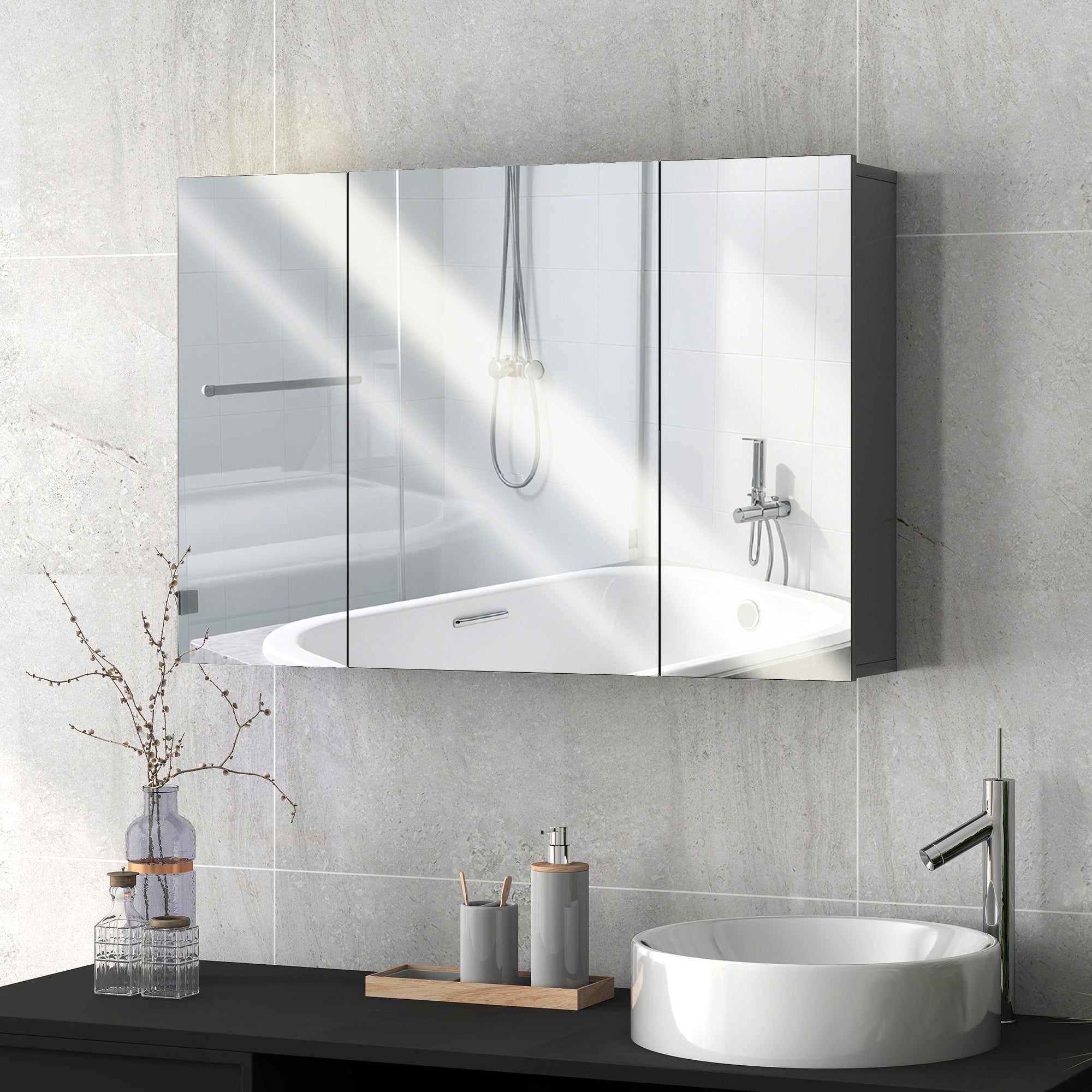 35" x 24" Wall Mounted Mirror Cabinet, Bathroom Medicine Cabinet with Mirror, 3 Doors and Adjustable Shelves, Grey
