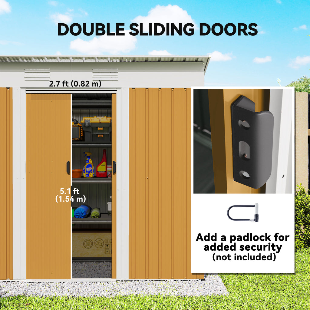 7' x 4' Outdoor Storage Shed, Metal Garden Tool Storage House Organizer with Lockable Sliding Doors and Vents for Backyard Patio Lawn, Yellow