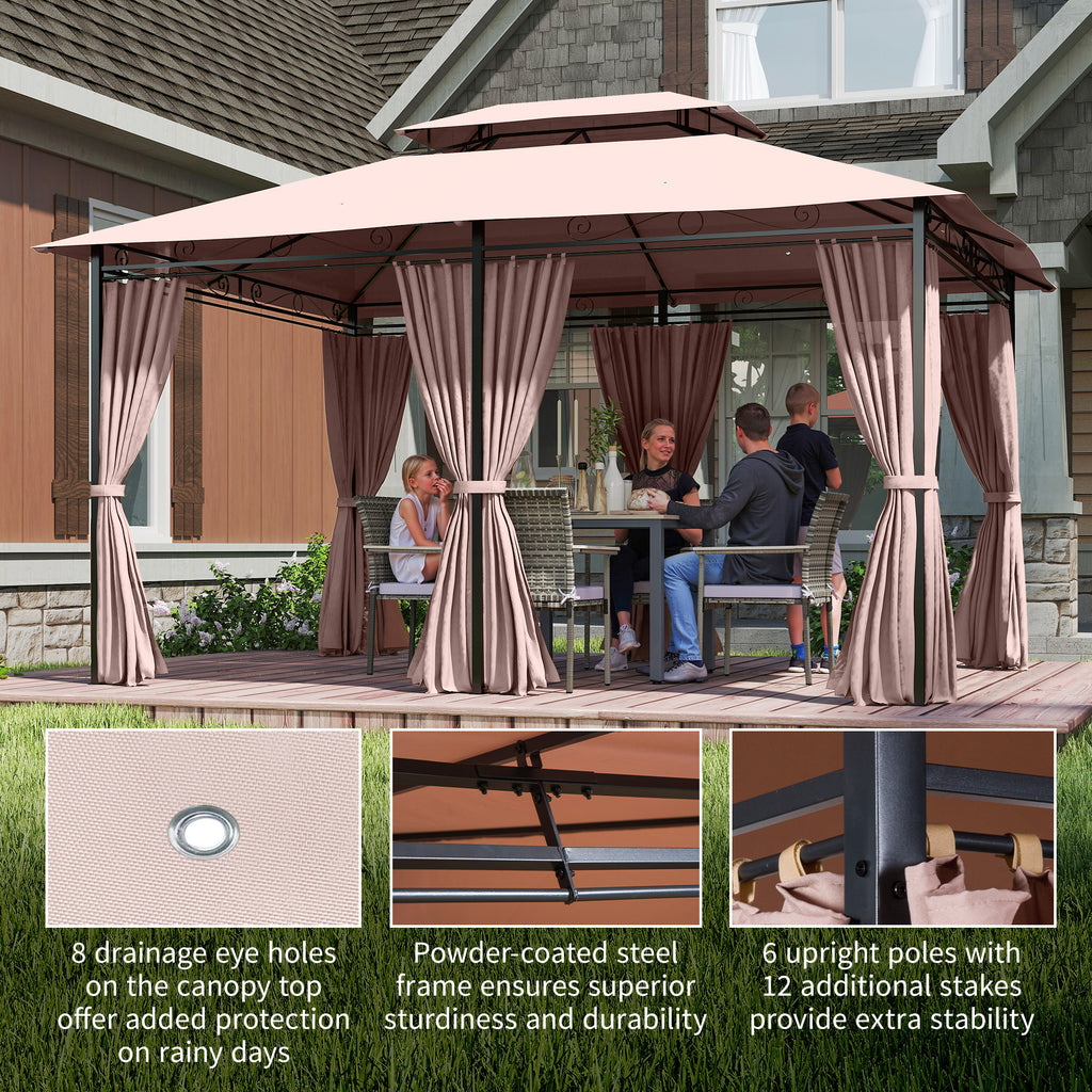 10' x 13' Patio Gazebo, Outdoor 2-Tiers Garden Canopy Yard Sunshade Shelter with Curtains, Khaki