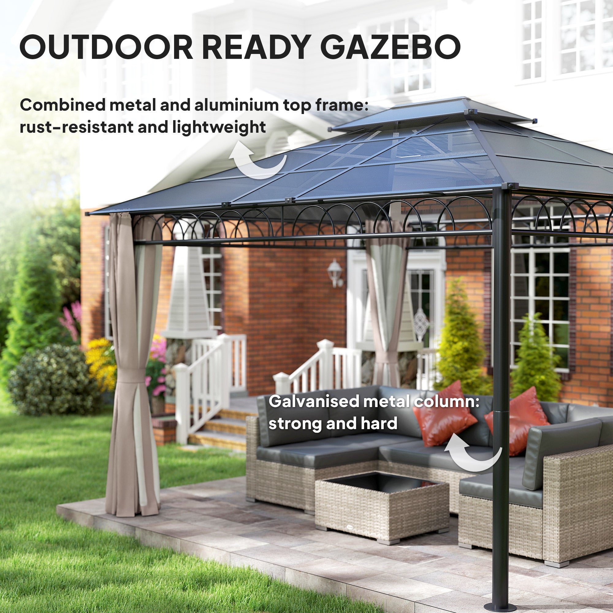 10' x 12' Outdoor Gazebo Canopy, DoubleÂ Roof Hardtop Gazebo withÂ Polycarbonate Roof, Steel Frame, NettingsÂ andÂ Curtains, forÂ Garden,Â Lawn,Â BackyardÂ andÂ Deck, Khaki