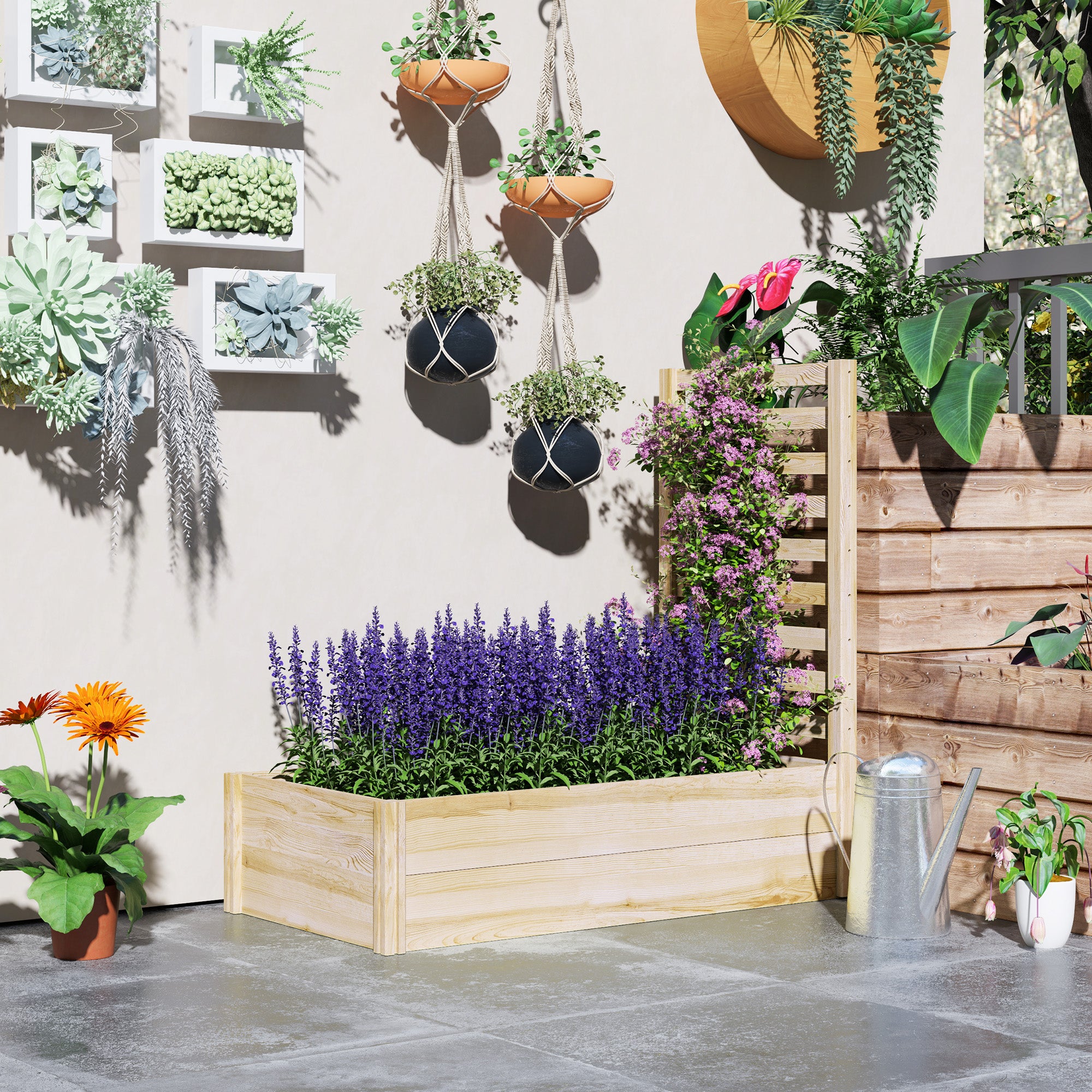 Wood Planter Box with Trellis for Climbing Plants, Raised Garden Bed for Outdoor Flowers Herbs, 91"x24"x43", Natural