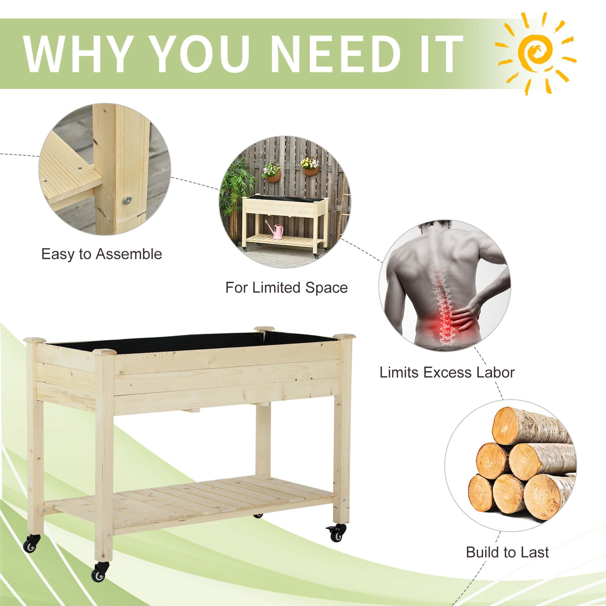Mobile Raised Garden Bed Elevated Wood Planter Box with Lockable Wheels, Storage Shelf for Herbs Vegetables, Natural