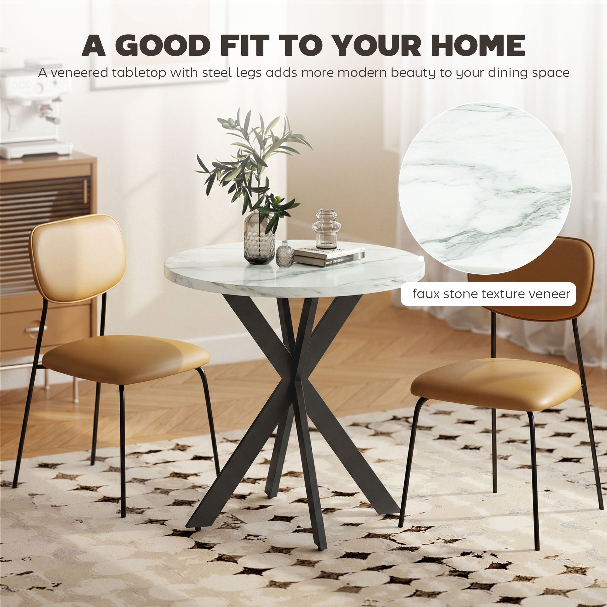 29" Dining Table, Contemporary Round Kitchen Table with Steel Legs, White Marble-Effect