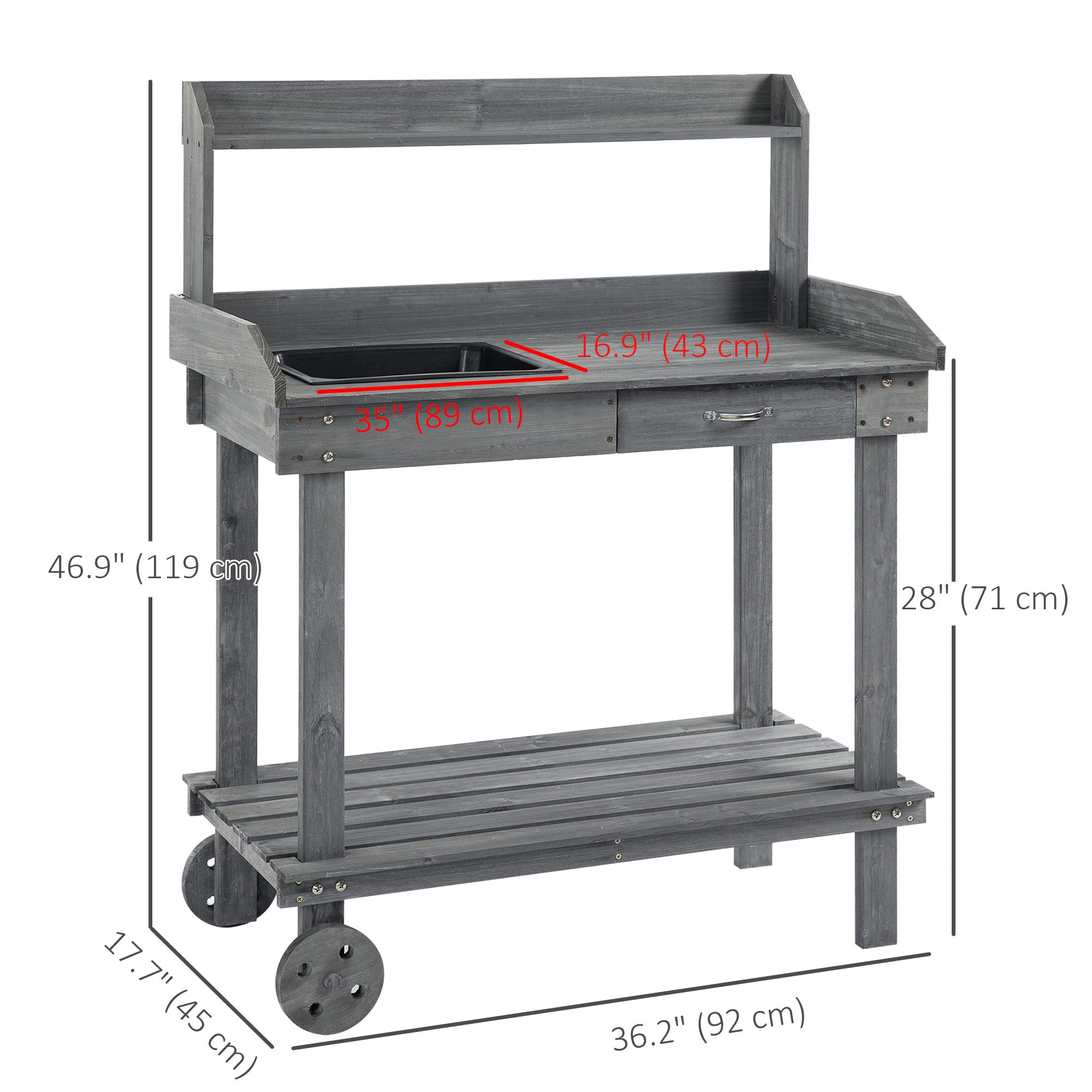 36" Wooden Potting Bench Work Table with 2 Removable Wheels, Sink, Drawer & Large Storage Spaces, Gray