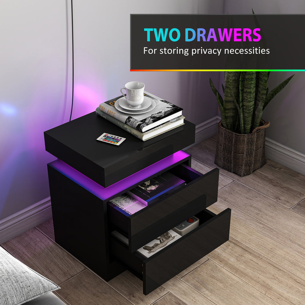 Nightstand Set of 2, End Side Tables with LED Lights, Bedside Tables with 2 Drawers, for Bedroom, Black