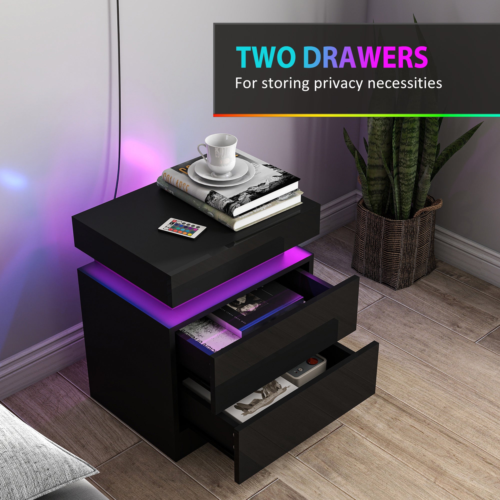 Nightstand Set of 2, End Side Tables with LED Lights, Bedside Tables with 2 Drawers, for Bedroom, Black