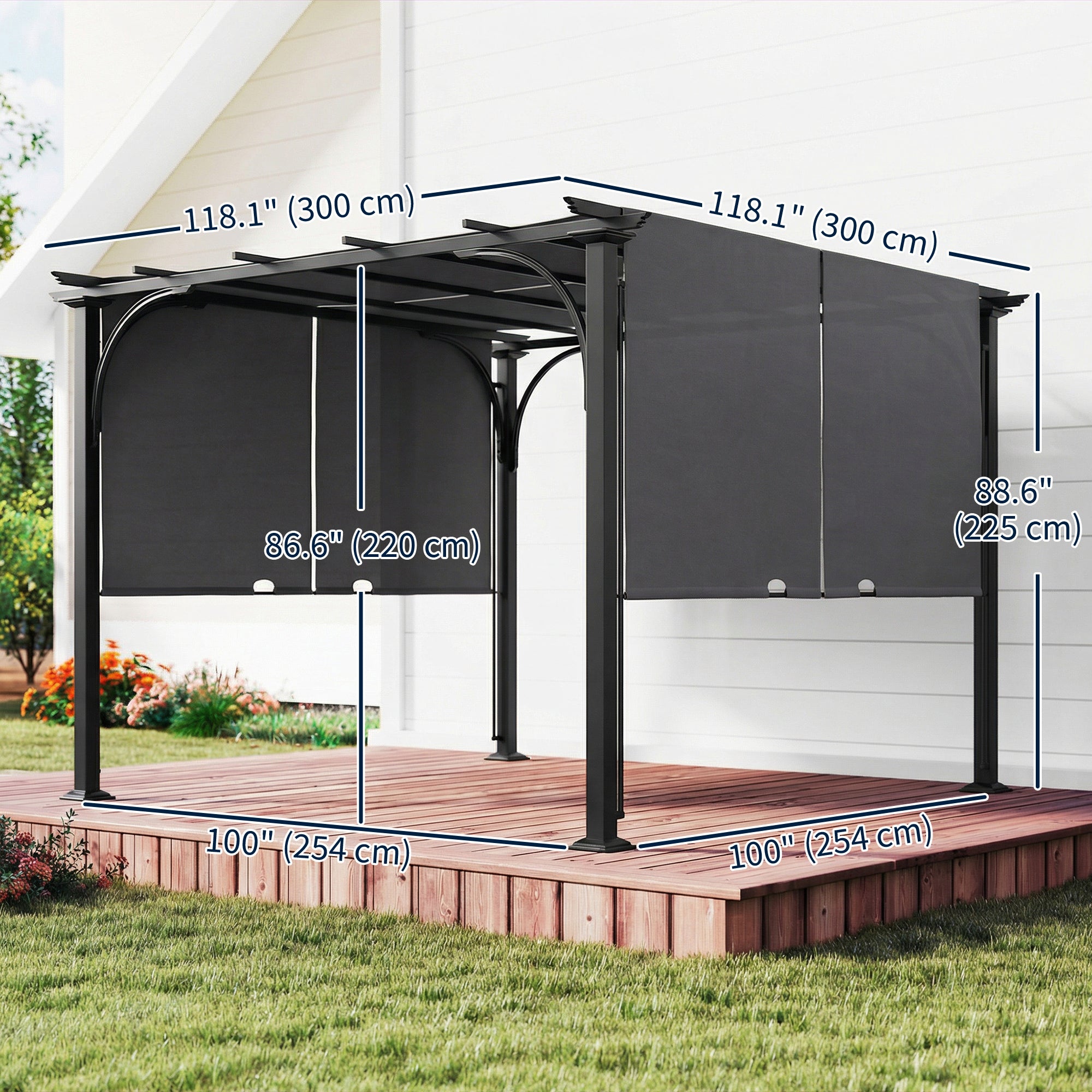 10' x 10' Retractable Pergola Canopy, UPF50+ Outdoor Metal Pergola Gazebo Sun Shade Shelter with Steel Frame, Dark Grey