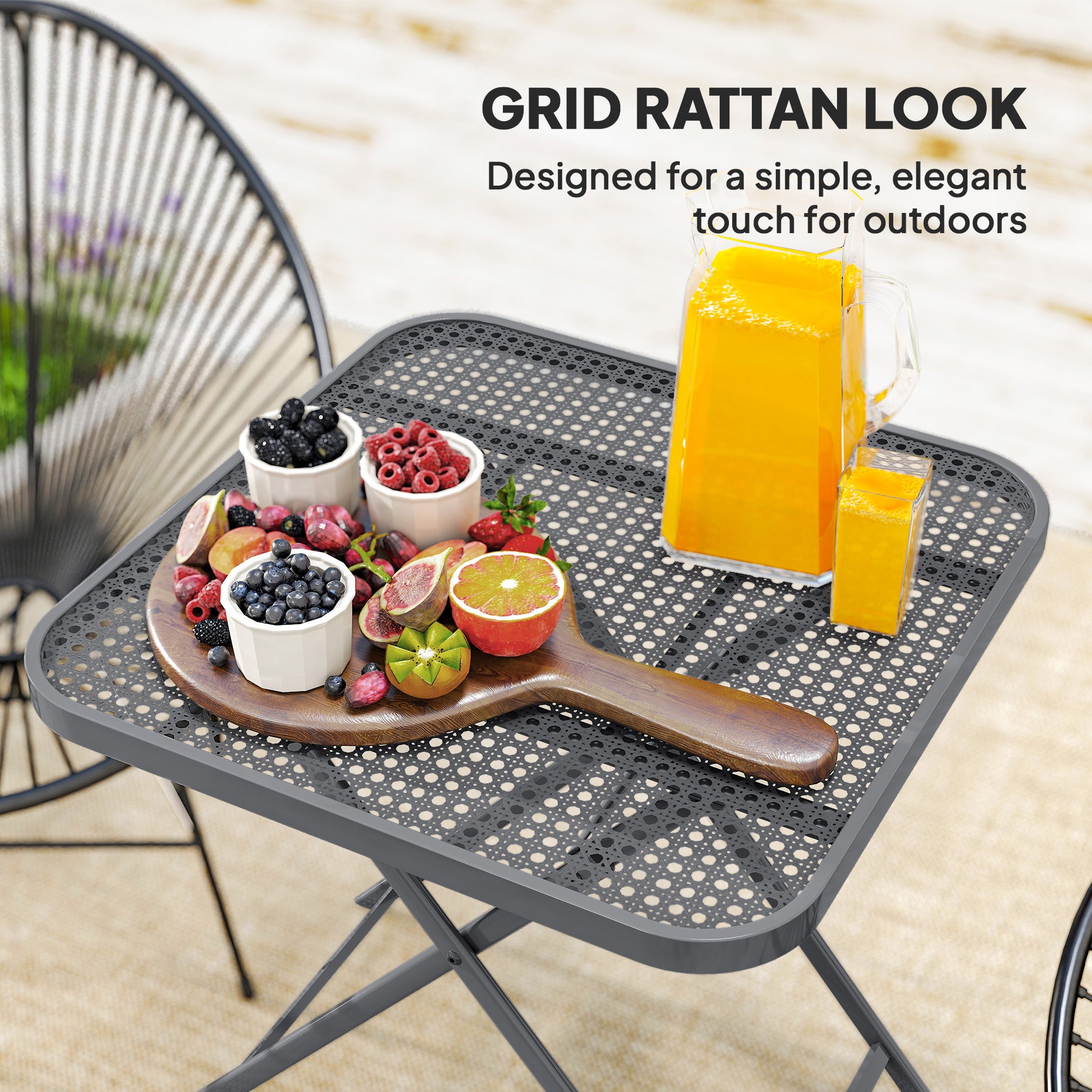 27.5" Square Outdoor Patio Table, Outdoor Folding Table with Grid Rattan-Like Top for Camping, Picnic, Light Grey