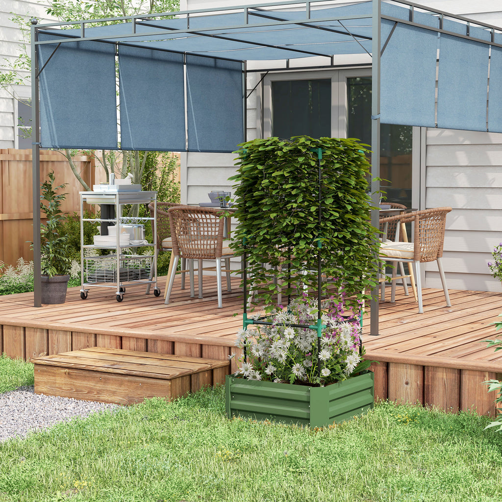 Galvanized Planter Box, Outdoor Raised Garden Bed with 3-Tier Trellis Tomato Cage for Climbing Vines, Vegetables, Green