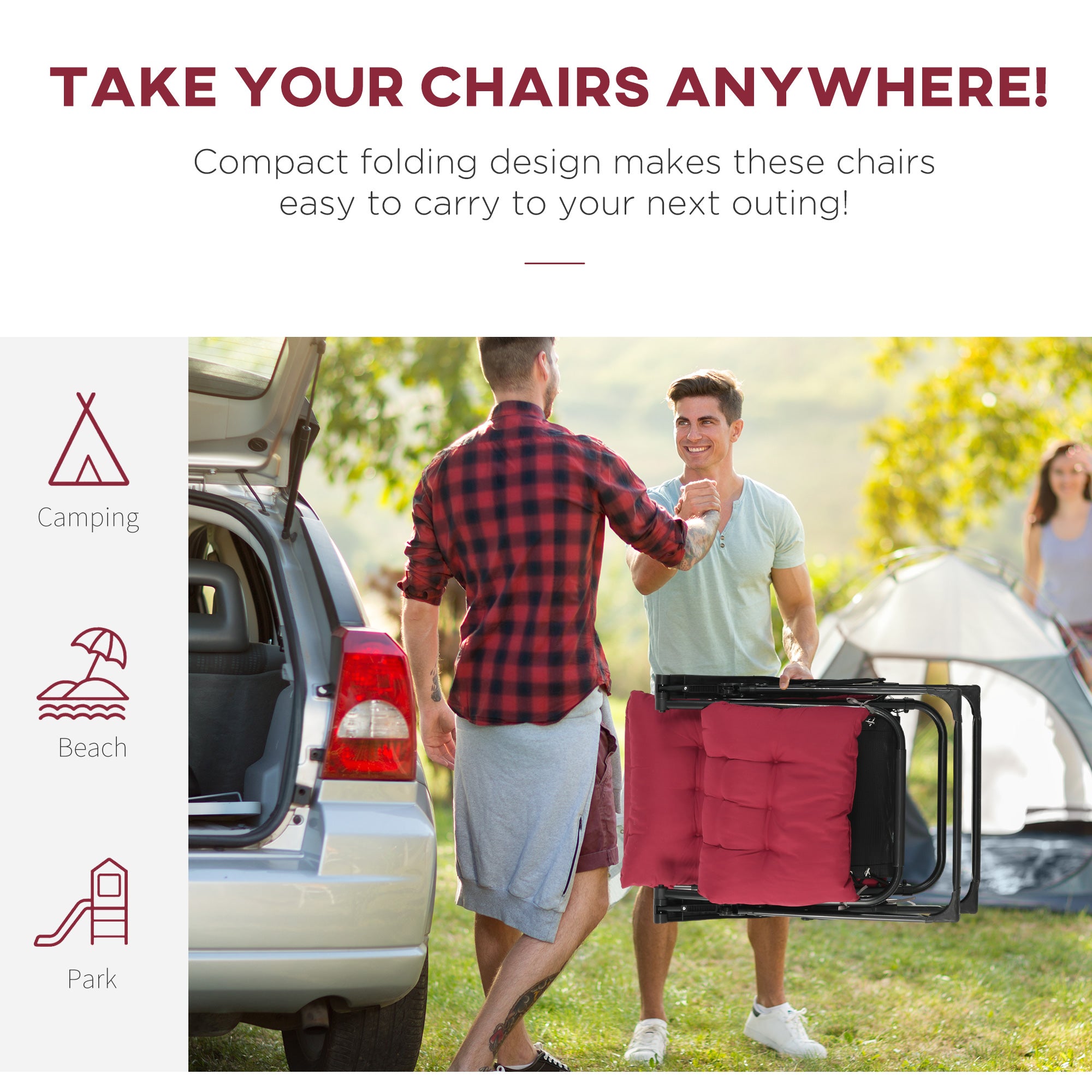 Folding Garden Chairs Set of 2, Reclining Zero Gravity Chair, Sun Lounger with Cushion and Headrest, Wine Red