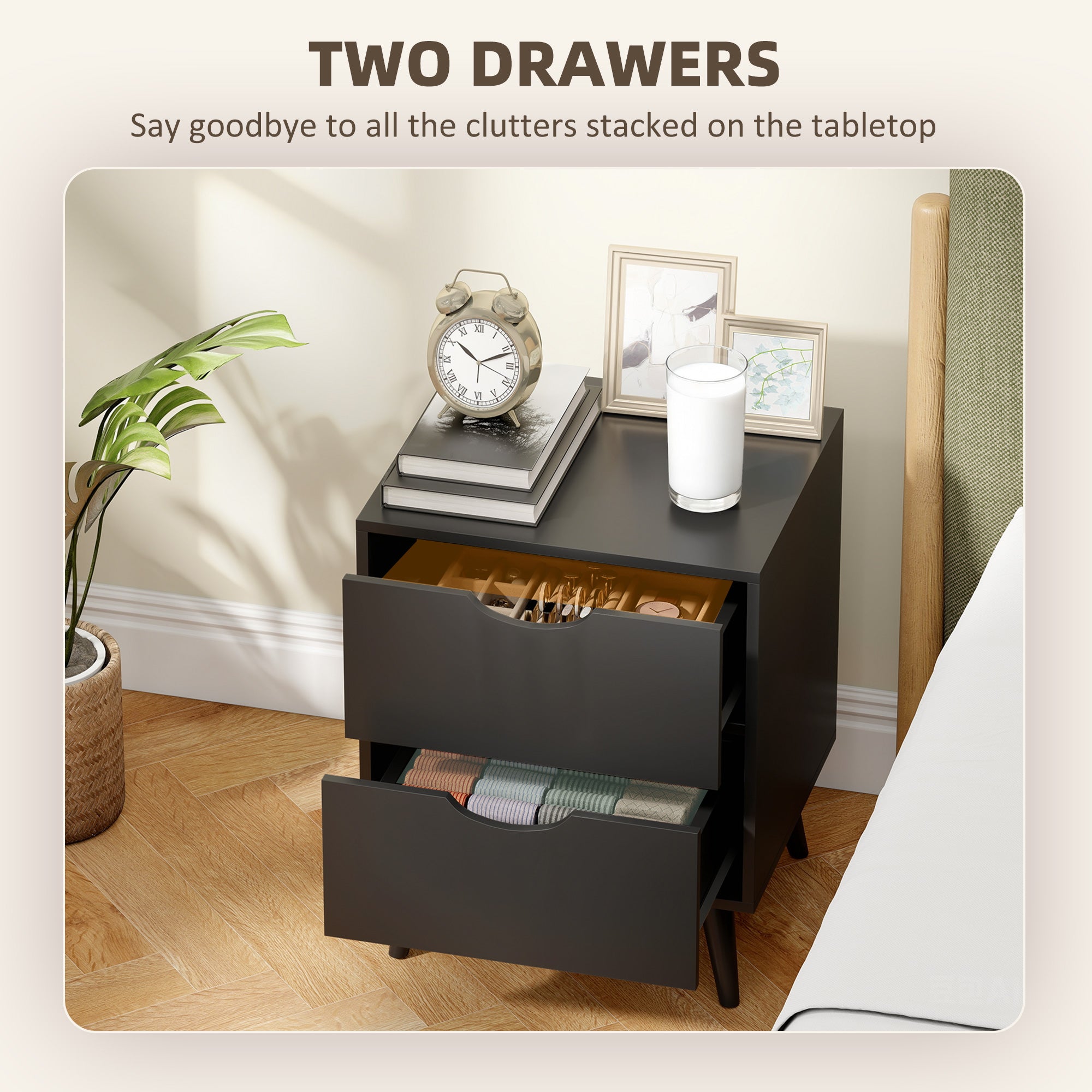 Modern Bedside Table Set of 2, Nightstand with 2 Drawers and Pine Wood Legs for Bedroom, Black