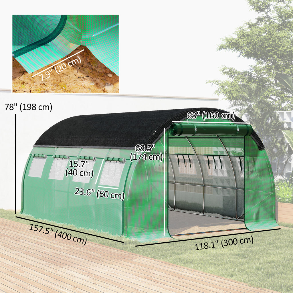 Walk-in Tunnel Greenhouse, Plant Hot House with Sunshade Net, Roll-up Mesh Sidewalls, 2 Doors, 10' x 13' x 6.5' , Green