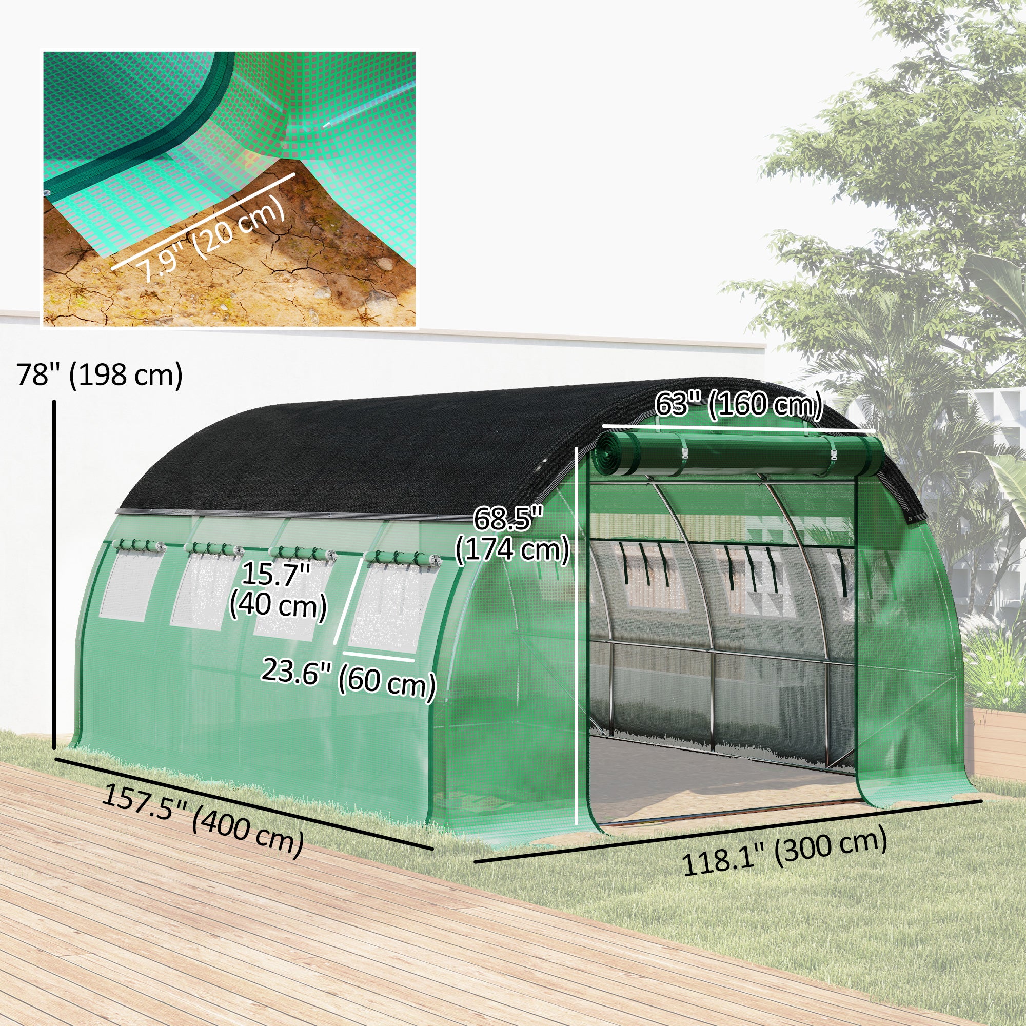 Walk-in Tunnel Greenhouse, Plant Hot House with Sunshade Net, Roll-up Mesh Sidewalls, 2 Doors, 10' x 13' x 6.5' , Green