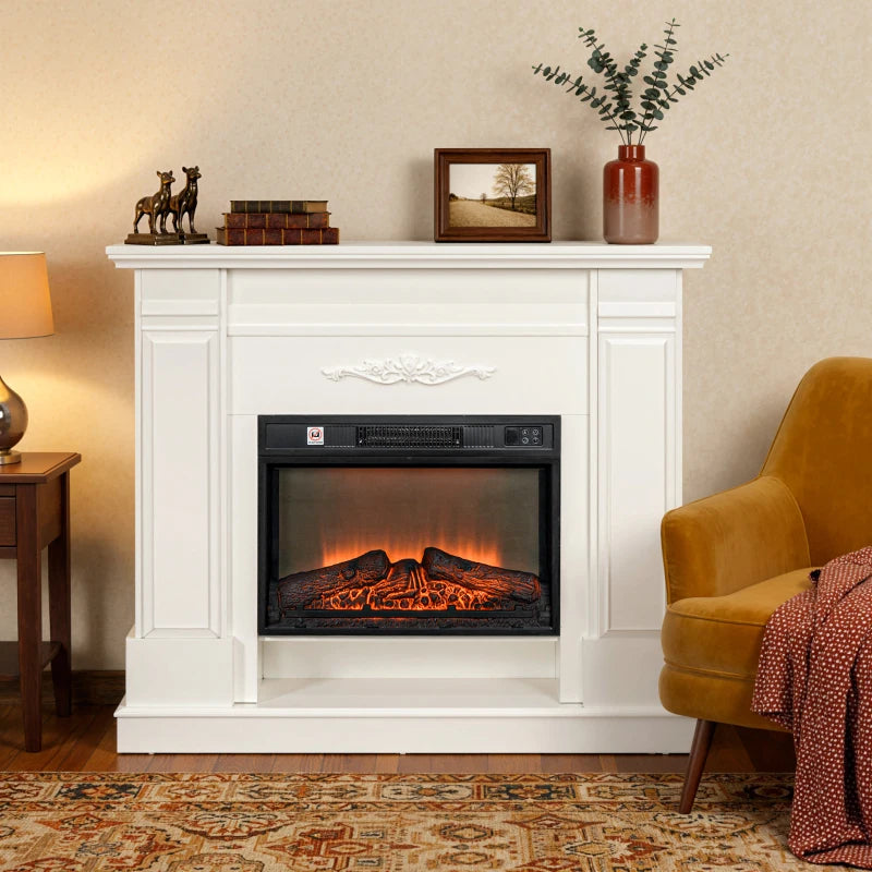 White 46-inch electric fireplace heater with mantel and storage shelf