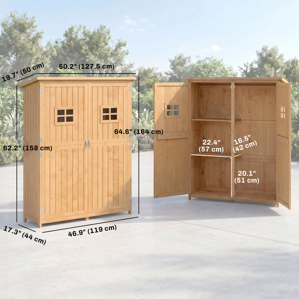 4x1.5ft Wooden Garden Storage Shed, Outdoor Tool Cabinet Organizer with Windows and Double Door, Nature Wood