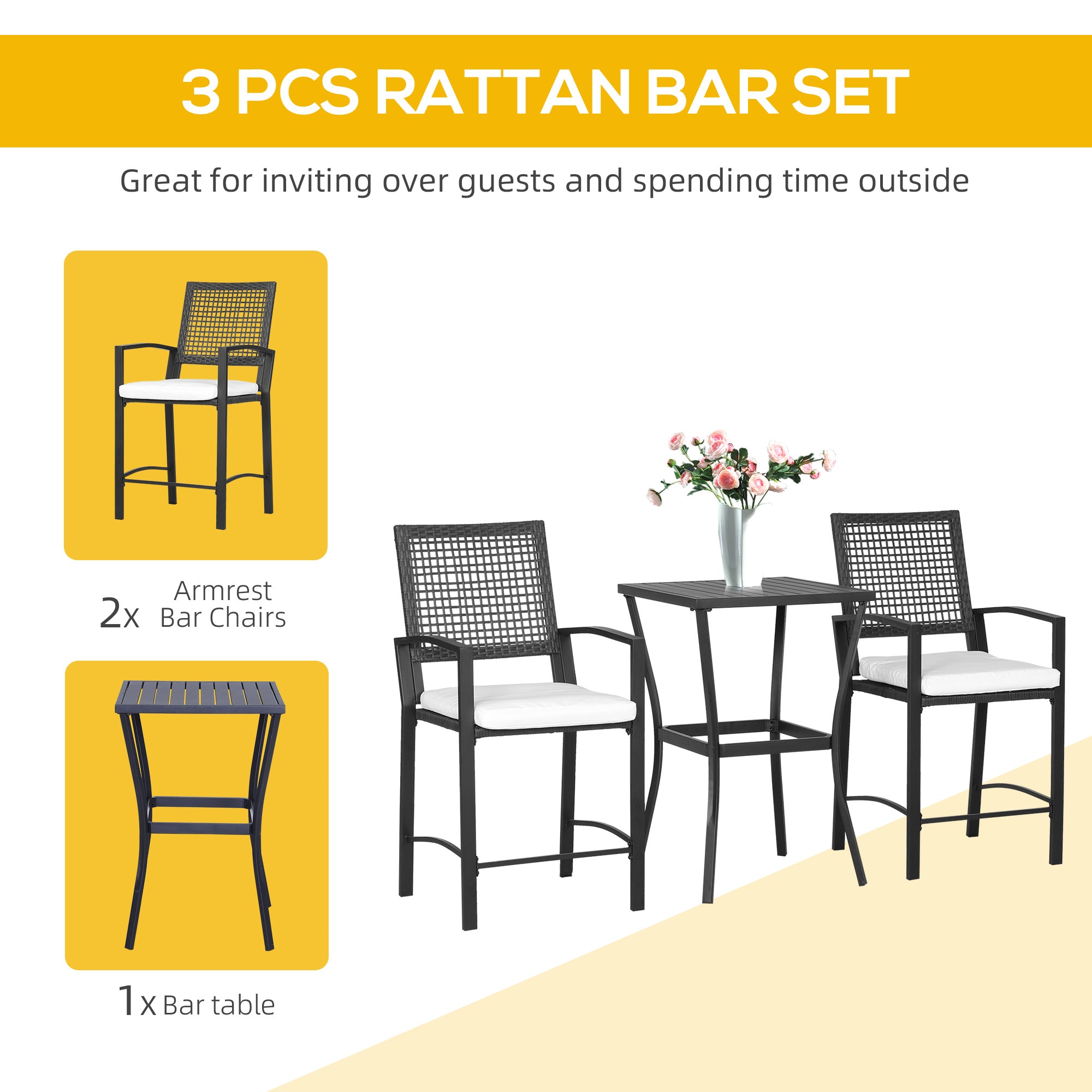 3 Pieces Outdoor Wicker Bar Set, Classic Bistro Bar Set Garden Rattan Style Patio Bar Table & High Chairs w/ Cushions Home Bar Furniture, Cream White