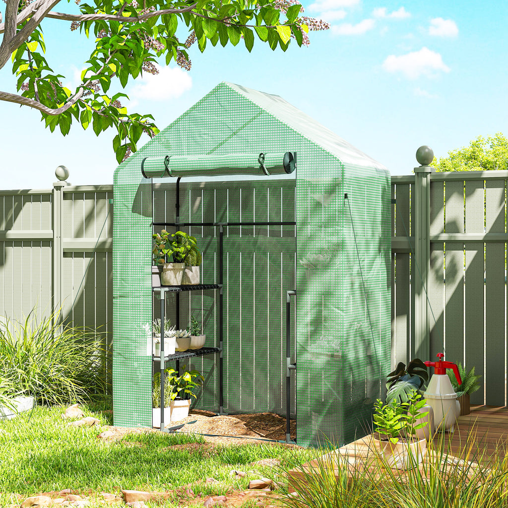 3-Tier Mini Greenhouse, Walk-in Greenhouse, Garden Hot House with 4 Shelves, Roll-Up Door and Weatherized Cover, 56" x 29" x 77", Dark Green