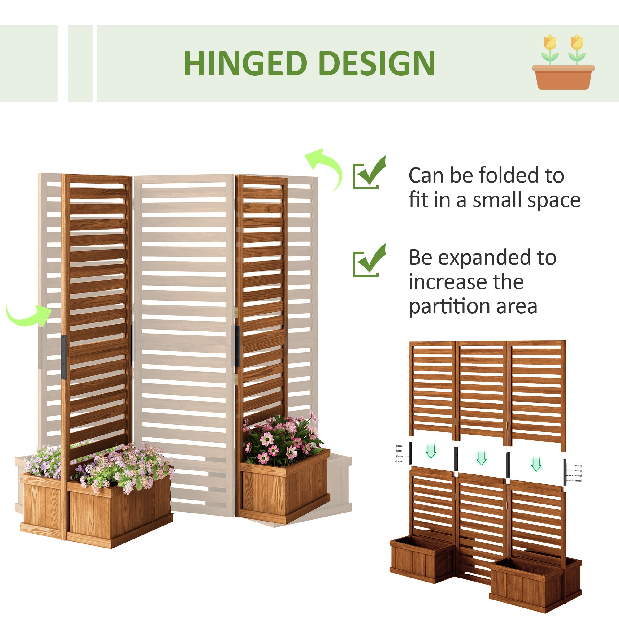 Outdoor Privacy Screen Wood Privacy Panel with 4 Planter Boxes, Raised Bed with 3 Panels, Drainage Holes, Natural