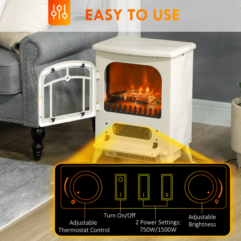 16" Freestanding Electric Fireplace Heater Fire Stove with Wood Burning Flame 750/1500W Beige