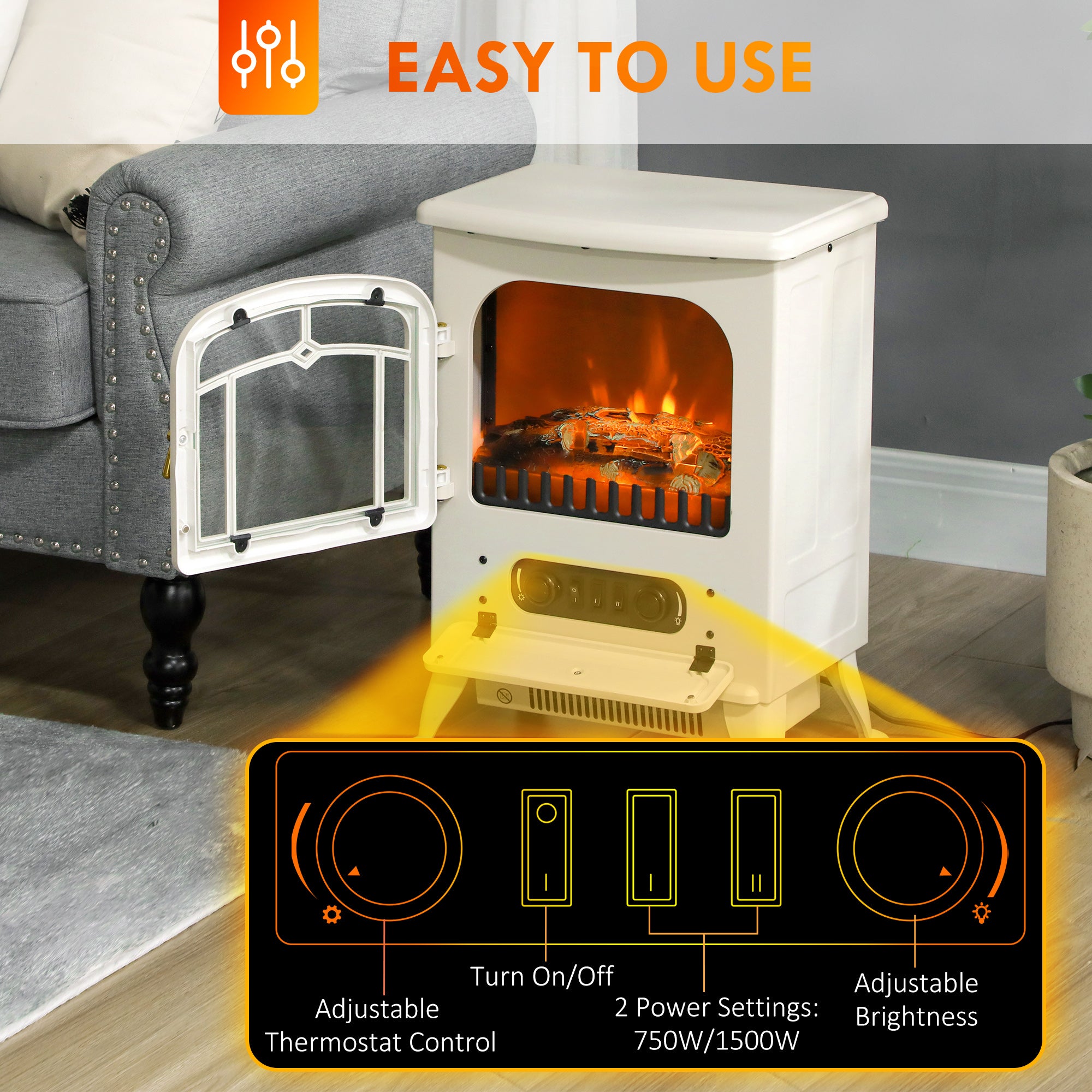 16" Freestanding Electric Fireplace Heater Fire Stove with Wood Burning Flame 750/1500W Beige