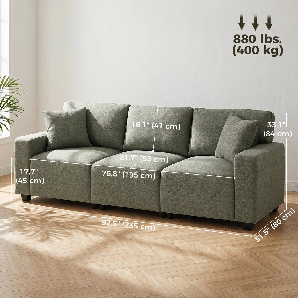 3 Seater Sofa with Storage Pockets, Modern Upholstered Couch with Pocket Springs, Green