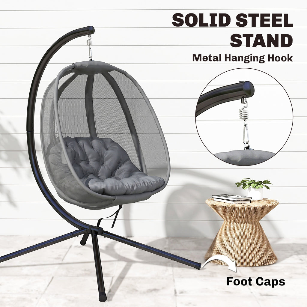 Hanging Egg Chair, Outdoor Indoor Swing Chair with Stand, Folding Basket and Thickened Cushion, Grey