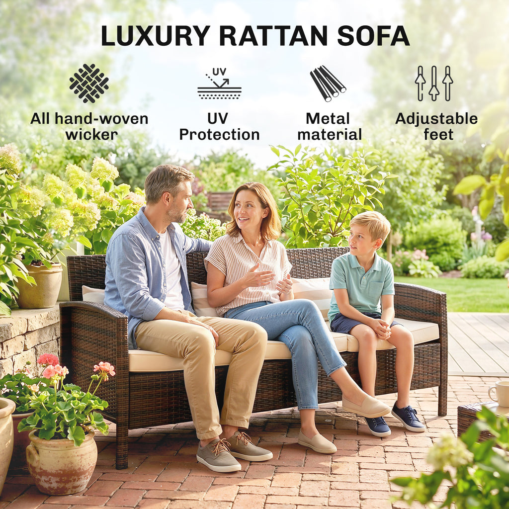 3-Seater Wicker Sofa, PE Rattan Outdoor Couch Conversation Furniture with Removable Cushions for Patio, Garden, Brown