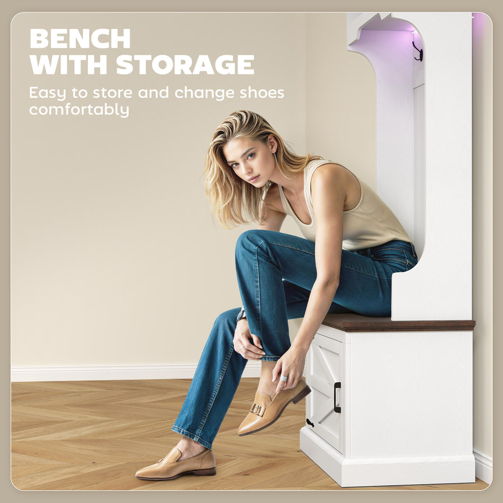 3-in-1 Hall Tree with LED Lights and Bench, Coat Rack with Shoe Storage, White Wood Grain with Light
