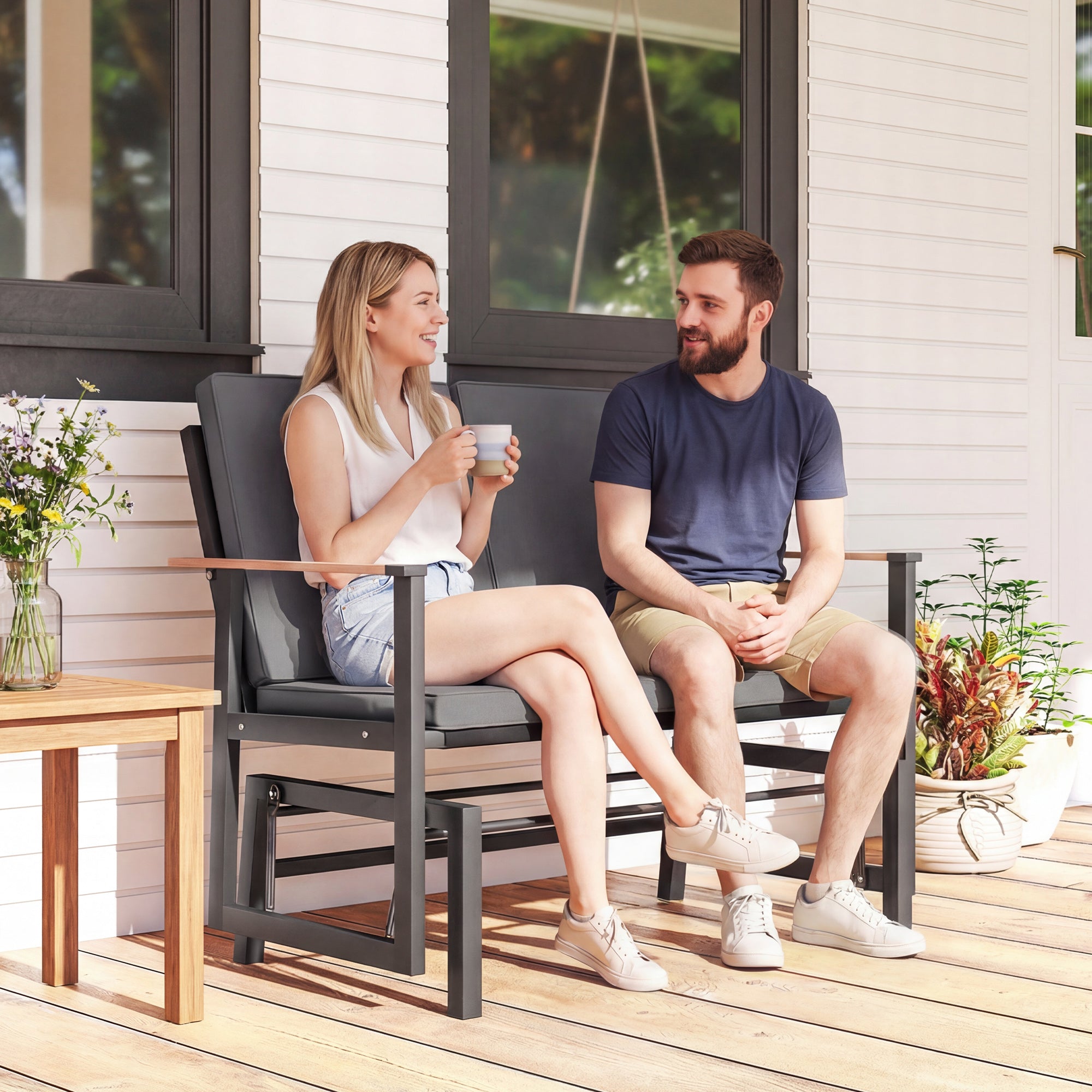 Outdoor Glider Bench for 2 Person, Patio Glider Loveseat with Thick Cushions for Garden Balcony Porch, Dark Grey