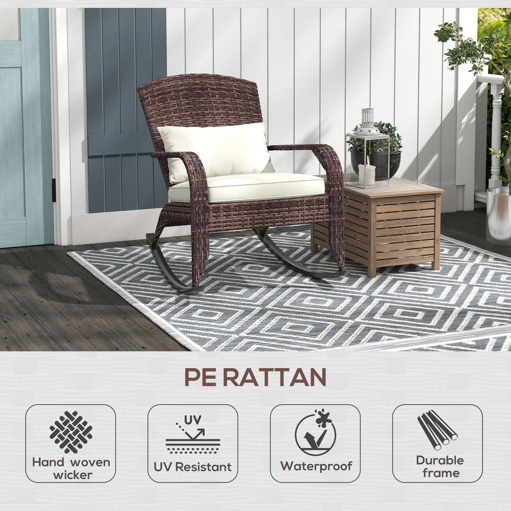 Adirondack Chair, Outdoor Wicker Rocking Chair with High Back, Seat Cushion and Pillow for Porch, Balcony, Cream/Brown