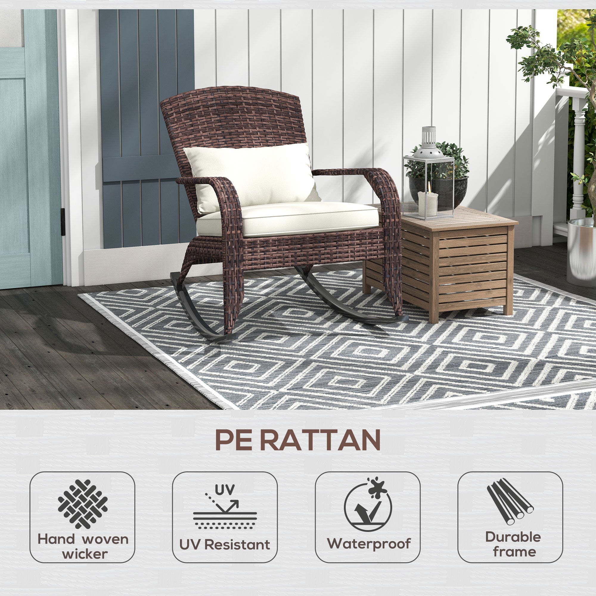 Adirondack Chair, Outdoor Wicker Rocking Chair with High Back, Seat Cushion and Pillow for Porch, Balcony, Cream/Brown